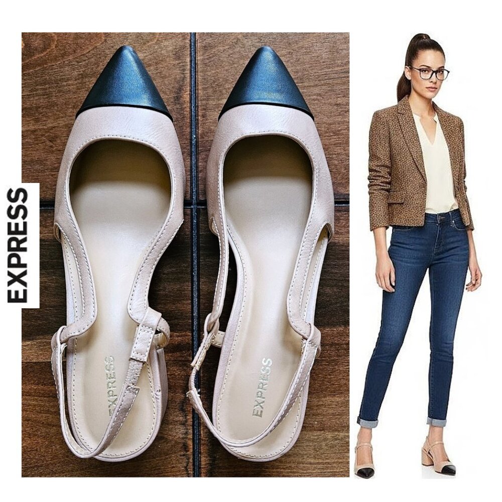 EXPRESS -  Classic, elegant tan and black cap toed pointed block heels
